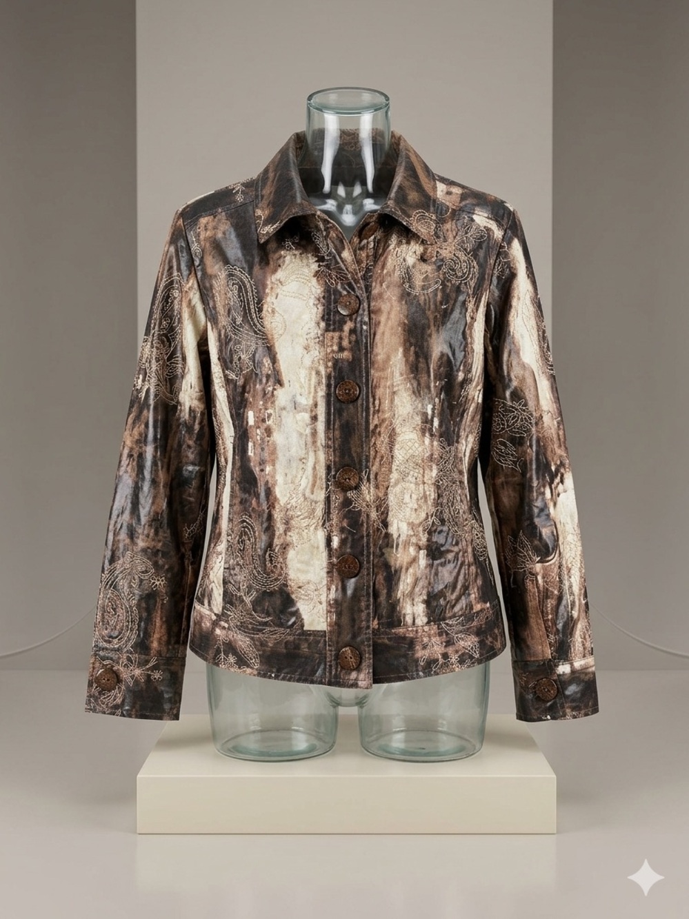 Chico’s Moto Jacket Size 1 Metallic Paisley Embroidered Brown Multi Abstract